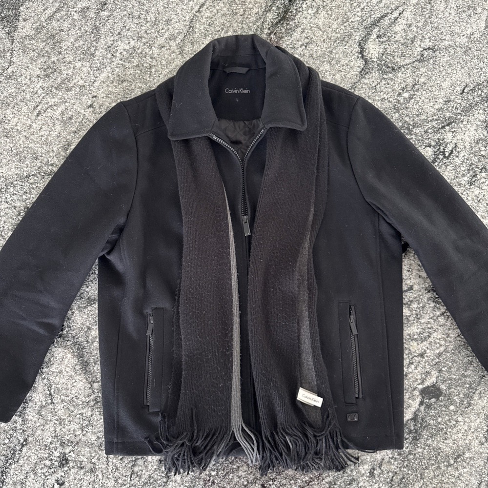 Calvin Klein Men's Large Wool Zip Up Jacket Black Quilted Lined Coat With Scarf